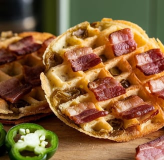 round Jalapeño Popper Chaffles with jalapenos and chrispy bacon pieces