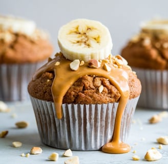 A peanut butter banana muffin with a smooth, golden-brown top and a drizzle of peanut butter cascadi
