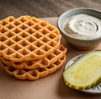 2 crispy brown thin round Chaffles with ranch dipping sauce beside it and a slice of pickle beside