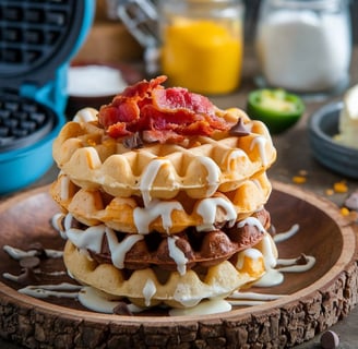 a stack of chaffles with bacon