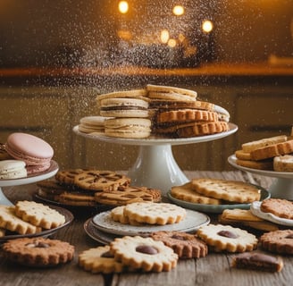 A beautifully arranged assortment of freshly baked cookies on a rustic wooden table. The display inc