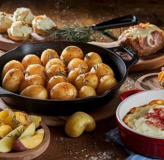 a variety of baked potatoes on a table