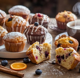 A warm and inviting breakfast scene featuring an assortment of freshly baked muffins on a rustic woo