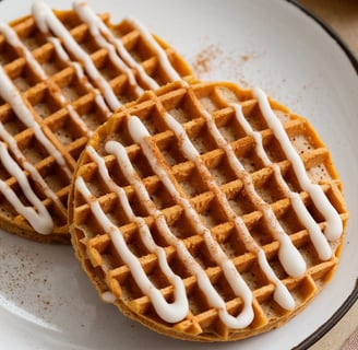 2 brown thin round Pumpkin Spice Chaffles with Cinnamon Icing drizzed on top with sprinkles of pump