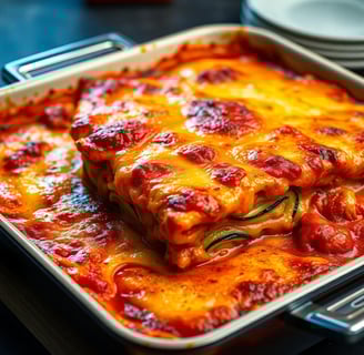 a casserole dish with a slice of lasagna