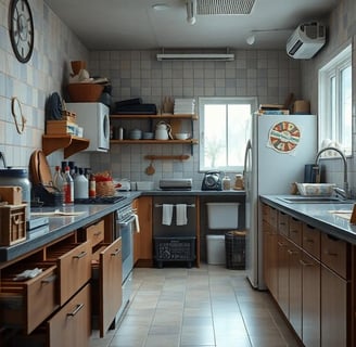 a messy kitchen with a sink and a window