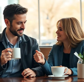 a man and woman drinking coffee in a cafe