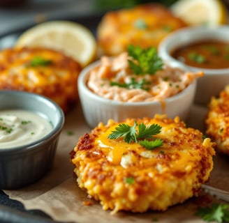 an arrangement of dipping sauces around crispy lemon crab cakes