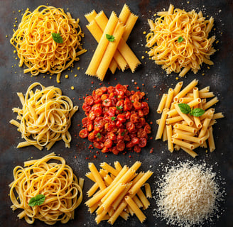 a variety of pasta with tomatoes and cheese