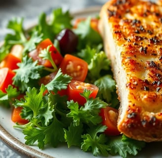 a garden salad and a piece of garlic bread on a plate