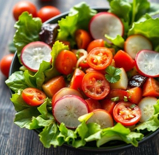 a bowl of salad with tomatoes and radishes