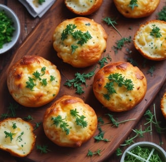  Golden-brown potato puffs with a crispy exterior, arranged on a rustic wooden board. The puffs are 
