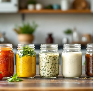 5 homemade salad dressings in mason jars sitting on a countertop in a kitchen 