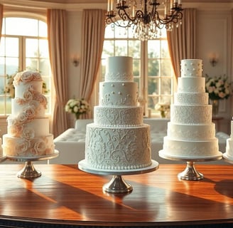 a table with a bunch of wedding cakes