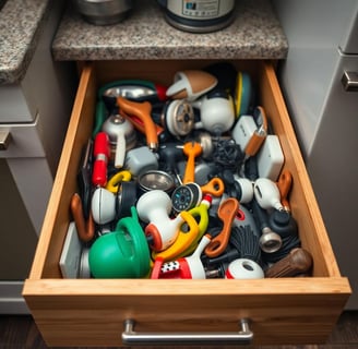 messy drawer full of kitchen gadgets