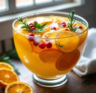 a glasbowls of orange juice with cranberries and rosemary