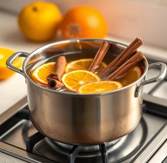 orange peels and cinnamon sticks cooking in a pot of water on the stove