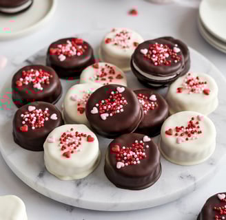 Oreo cookies coated in glossy chocolate, decorated with Valentine’s-themed sprinkles, arranged on a