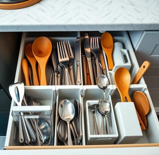 a drawer with utensils organized with organizers
