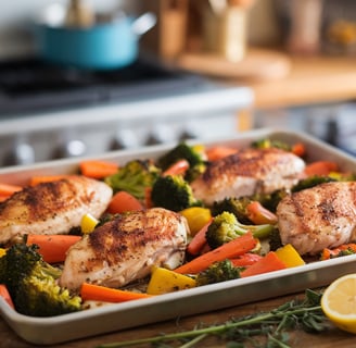 sheet pan chicken and vegetables using 4 chicken breasts and broccoli, carrots, bell peppers