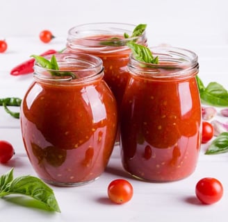 three jars of tomato sauce with basil and tomatoes