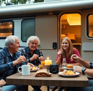a group of people sitting around a table at a camping site with drinks and food