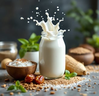 an array of ingredients.... almond milk, coconut milk, Coconut water, Greek yogurt, honey, dates, M