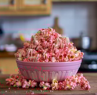 A vibrant bowl of pink-dyed popcorn mixed with white chocolate drizzle