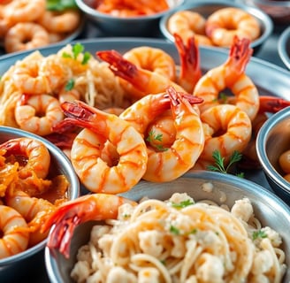 a tray of food with shrimp and noodles