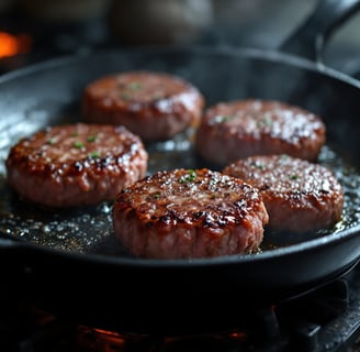 a pan of hamburger patties sizzling in a cast iron skillet