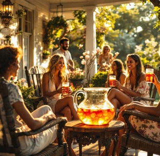 a shady porch in the South where people are drinking sweet tea and there is a pitcher of sweet tea o