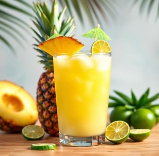 a pineapple juice with pineapples and lime