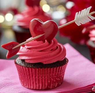 Vibrant red cupcakes with a toothpick arrow piercing a candy heart, displayed on a festive pink napk