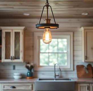 a kitchen with a light bulb hanging from a ceiling