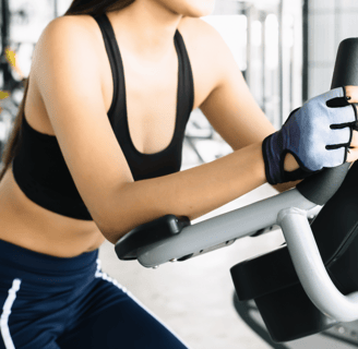 a woman in a sports bra top and gloves on a stationary bike
