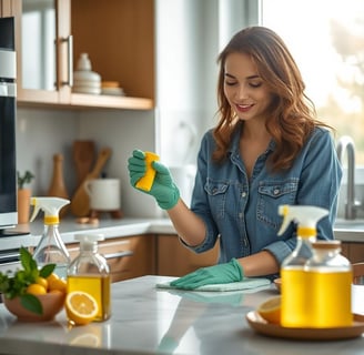 a woman in a denim jacket and gloves cleaning a counter top