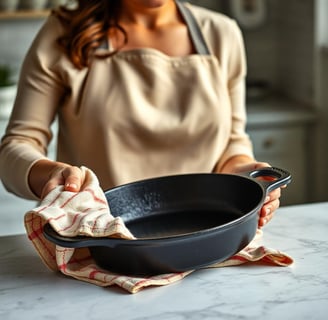 woman drying a cast iron skillet with a kitchen cloth