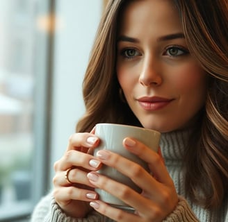 a woman in a sweater and sweater holding a cup of coffee