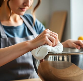 a woman in a blue apron is holding a cloth