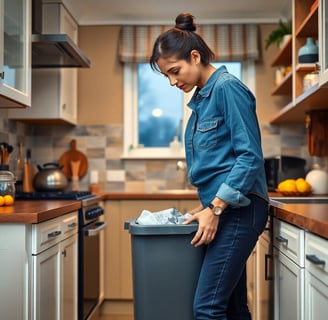 a woman standing in a kitchen with a trash canister