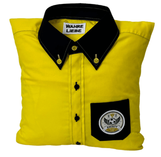 a yellow shirted pillow with a black collar and pocket