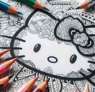 hello kitty coloring page on a table with colorful pencils around it