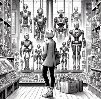 a woman standing in front of a store with robots