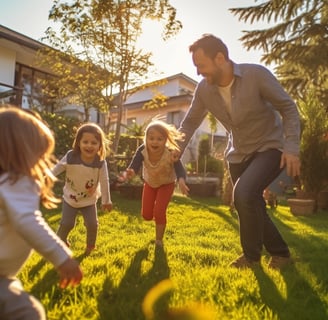 A family playing tag on the lawn of a family rental home in Turkey