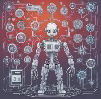 A close-up of industrial machinery with metallic components, featuring a combination of mechanical arms and a sleek, angular design. The background is infused with a bright blue light, contrasting with darker shadows and red accents.