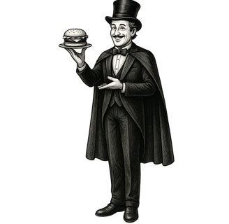 Ilustración de mago elegante con capa y galera sosteniendo una hamburguesa, La Teoría del Sándwich