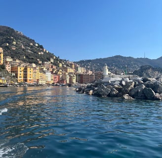 Entrata nella baia di Camogli con case colorate e faro