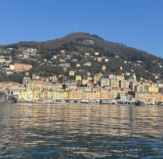 Camogli vista dal mare con mare e case colorate