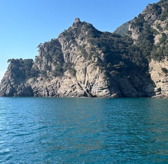 Promontorio di Portofino con mare, rocce e natura.