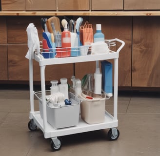 A set of cleaning products is arranged on a light-colored marble surface. The items include two metal spray bottles, a small glass bottle with a liquid, a natural bristle brush, and a cloth with dark stripes. Sunlight filters through leaves, casting dappled shadows on the surface.